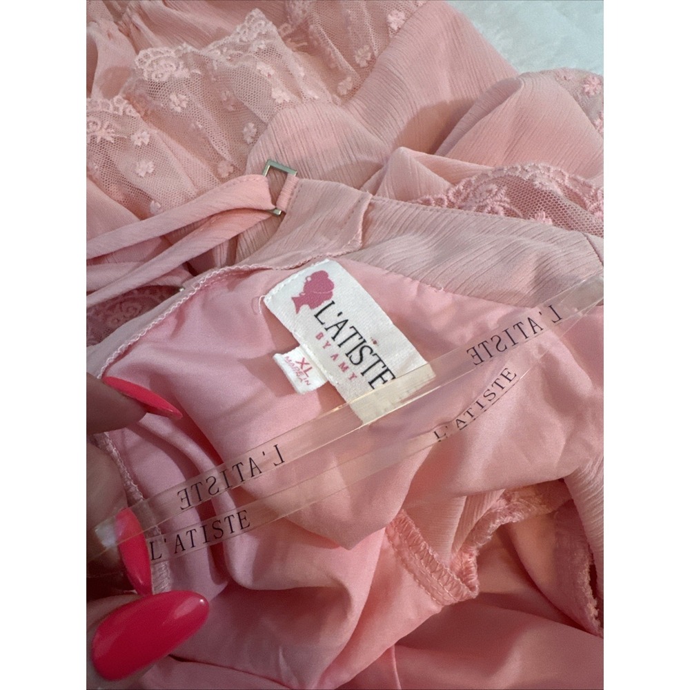 L'ATISTE Women's Pink Smocked Lace Trim V-Neck Corset Back Mini Dress Size XL - Picture 5 of 5